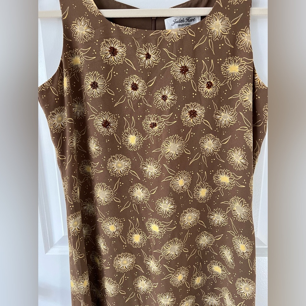 Vintage Brown Floral Sleeveless Retro Sunflower Print A-Line Summer Midi Dress - Picture 3 of 5